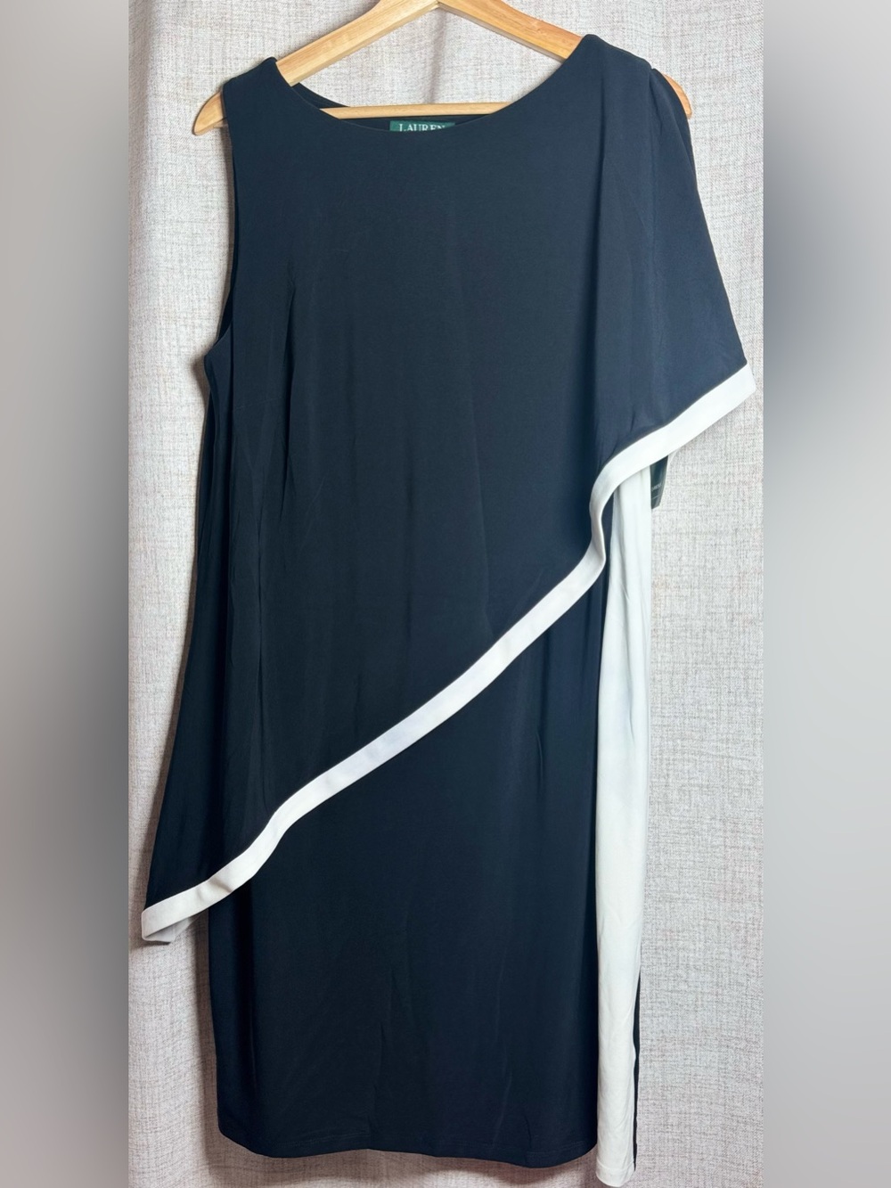 Ralph Lauren Black Asymmetrical One-Shoulder Dress with White Trim